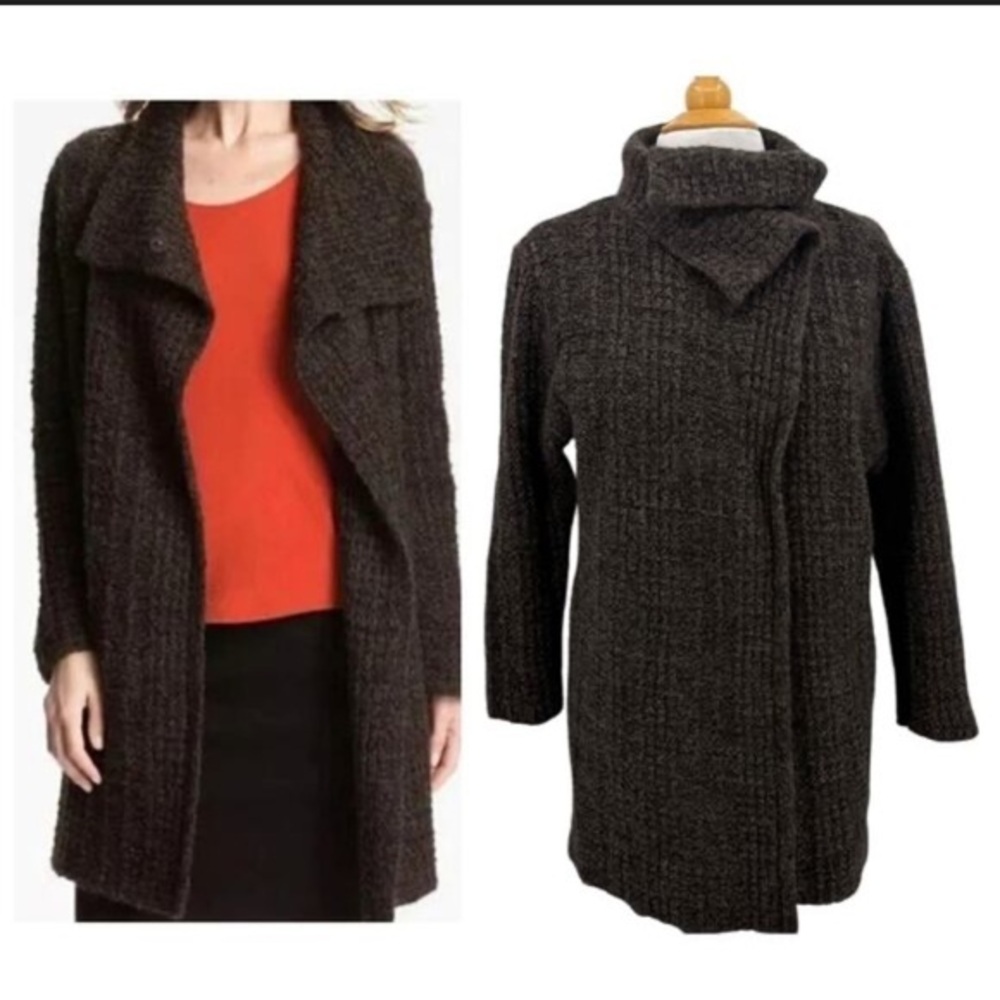 EILEEN FISHER | Womens Wool Alpaca Cardigan 2 Snap Hi-Collar Chocolate Brown med